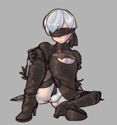 1boy balls balls_under_clothes blindfold blush bulge crossdressing crossplay dankmaths femboy hi_res high_heel_boots high_heels light-skinned_male light_skin male male_only nier nier:_automata nier_(series) penis_under_clothes solo spankmaths stockings testicles thigh_boots trap white_hair yorha_2b_(cosplay) yorha_9s