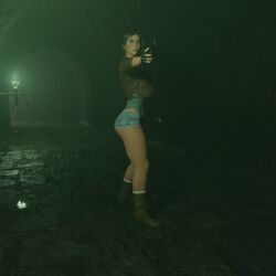 3d blender breasts brown_hair eyes female firearm footwear green gun hair handgun handwear hips human lara_croft lara_croft_(survivor) long ponytail sicipo6908 solo solo_female tattoo thick thighs thunder tomb_raider weapon