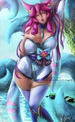 9_tails ahri alternate_costume alternate_hair_color alternate_hairstyle animal_ear_fluff animal_ears animal_girl bangs bell big_breasts blue_eyes breasts busty child_bearing_hips choker cleavage clothing curvaceous curves curvy curvy_body curvy_female curvy_figure curvy_hips eyelashes eyeliner eyeshadow facial_markings female fluffy fluffy_ears fluffy_tail fluffy_tails fox fox_ears fox_girl fox_tail furry_tail glistening glistening_body glistening_breasts glistening_hair glistening_skin hair_ornament hair_ribbon hips hourglass_figure huge_breasts humanoid inner_ear_fluff japanese_clothes kemonomimi kimono kitsune large_breasts league_of_legends light-skinned_female light_skin linarahe lips lipstick long_hair massive_breasts multiple_tails nine_tailed_fox pale-skinned_female pale_skin pink_hair pose posing riot_games robe seduction seductive seductive_eyes seductive_look seductive_mouth seductive_smile spirit_blossom_ahri spirit_blossom_series suggestive suggestive_look suggestive_pose tail thick_thighs thighs vastaya video_games voluptuous wide_hips