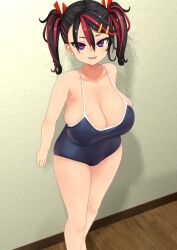 1girls against_wall ariduka_formica big_breasts breasts busty enormous_breasts female female_only giant_breasts gigantic_breasts huge_breasts human large_breasts massive_breasts purple_eyes school_swimsuit solo solo_female swimsuit virtual_ant_channel virtual_youtuber