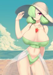 1girls 2022 :> absurd_res arm_up athletic athletic_female beach bikini blush bob_cut breasts cameltoe cleavage cloud female female_only gardevoir gem green_bikini green_hair hair_over_one_eye hat hbky1101 highres huge_breasts humanized jewelry large_breasts looking_at_viewer navel necklace nintendo ocean pink_eyes pokémon_(species) pokemon pokemon_(species) pokemon_rse sand sarong see-through short_hair shy sky smile solo spaghetti_strap standing sun_hat swimsuit thighs water