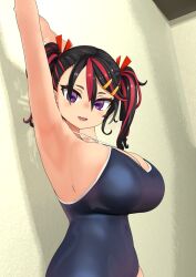 1girls against_wall ariduka_formica armpit big_breasts breasts busty enormous_breasts female female_only giant_breasts gigantic_breasts huge_breasts human large_breasts massive_breasts purple_eyes school_swimsuit solo solo_female stretching swimsuit virtual_ant_channel virtual_youtuber