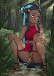 1girls bar_censor blush censored dark-skinned_female dark_skin earrings emor18_shikeko feet female forest human nessa_(pokemon) panties panties_around_legs peeing peeing_outside pokemon pokemon_ss pussy squatting toes urination urine