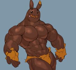 1boy 2022 5_fingers abs anthro big_muscles brown_body bun_bun_(fortnite) candy chesschirebacon chocolate chocolate_bunny clothed clothing dessert epic_games fingerless_gloves fingers food food_creature fortnite gloves handwear highres huge_muscles lagomorph leporid living_candy male male_only mammal muscular muscular_anthro muscular_male open_mouth open_smile pecs rabbit simple_background smile solo standing topless underwear video_games