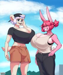 2futas anthro bear_ears big_breasts blue_eyes breasts_bigger_than_head bulge bunny_ears bunybunyboi cleavage closed_eyes dickgirl furry futanari gigantic_breasts huge_cock jamie_(boosterpang) open_mouth outdoors pants pink_fur pink_hair shannon_(bunybunyboi) short_hair shorts smile standing white_hair