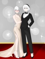 1boy 1girls blush bowtie choker crossdressing crossdressing_female crossdressing_male dress embarrassed evening_dress female femboy feminine_male fully_clothed hand_on_hip high_heels male masculine masculine_female necklace nier:_automata sealguy suit white_high_heels yorha_2b yorha_9s