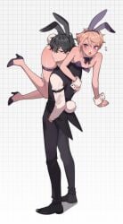 2boys animal_ears annoyed black_hair black_pants bow bowtie coattails collarbone crossdressing detached_collar fake_animal_ears femboy full_body girly grey_eyes grid_background hairband hand_in_pocket high_heels holding_person legs leotard male_focus male_playboy_bunny ming_(5unri5e666) multiple_boys nipple_piercing nipple_rings nipple_slip nipples on_shoulder pants piercing puffy_chest purple_bow purple_bowtie purple_eyes purple_hairband purple_leotard rabbit_tail shadow shiny shiny_clothes shiny_hair shiny_skin short_hair single_sidelock skindentation sleeve_cuffs standing sweatdrop tail thighs thighstrap trap vest