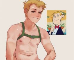 blonde_hair bludwing disney disney_channel freckles kim_possible male_nipples male_only ron_stoppable shirtless solo_male sweat tanline