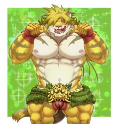 anthro balls_outline blush bulge detailed_bulge felid genital_outline lifewonders macan_(tokyo_afterschool_summoners) magan male male_only mammal muscular muscular_anthro muscular_male muscular_thighs navel nipples pantherine pecs smile solo t_kohaku2016 tiger tokyo_afterschool_summoners video_games