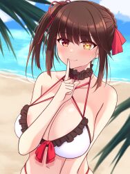 1girls bangs beach bikini black_hair breasts brown_hair date_a_live hair_ornament heterochromia huge_breasts large_breasts mobukichi red_eyes short_hair solo standing swimsuit tokisaki_kurumi yellow_eyes