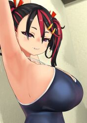 1girls against_wall ariduka_formica armpit big_breasts breasts busty enormous_breasts female female_only giant_breasts gigantic_breasts huge_breasts human large_breasts massive_breasts purple_eyes school_swimsuit solo solo_female stretching swimsuit virtual_ant_channel virtual_youtuber