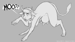 bovid bovine cattle changeling_tale cow_bell cow_ears cow_hooves cow_horns cow_tail cow_transformation female greyscale marion_(changeling_tale) monochrome mooing simple_background solo solo_female species_transformation teats text transformation udders watsup