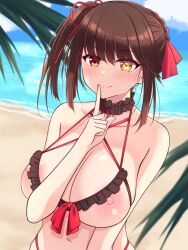 1girls bangs beach bikini black_hair breasts brown_hair date_a_live hair_ornament heterochromia highres huge_breasts large_breasts mobukichi nipples red_eyes short_hair solo standing swimsuit tokisaki_kurumi yellow_eyes