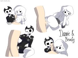 1boy 2girls aurora_(spicyhxzel) bendy bendy_and_the_ink_machine bendy_fem big_eyes black_skin dannie_(spicyhxzel) female games licking_penis male male/female oral oral_sex rule_63 sex spicyhxzel_(artist) white_background white_hair white_skin