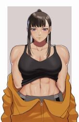 1girls abs artist_name bare_midriff bare_shoulders biceps big_breasts black_hair black_shirt cleavage enen_no_shouboutai female fire_force gud0c hi_res hourglass_figure lifted_shirt looking_down muscle muscle_tone muscular muscular_arms muscular_female obliques oze_maki ponytail purple_eyes simple_background six_pack solo sweat taking_clothes_off