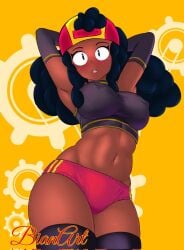 armpits bianart big_breasts black_nose blush brawl_stars cap dark-skinned_female dark_hair dark_skin eye_contact eyeshadow female hands_up hips looking_at_viewer meg_(brawl_stars) stockings thighs