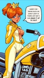 1girls biker biker_clothes blue_eyes blush bodysuit breasts cleavage gloves lips looking_at_viewer mario_(series) mario_kart montydraws motorcycle nintendo orange_hair ponytail princess_daisy skin_tight solo speech_bubble teasing text text_bubble tight_clothing unzipped unzipped_bodysuit zipper_pull_tab