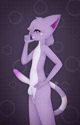 absurd_res anthro balls blush dane_(max_draws) domestic_cat erection felid feline felis fur genitals hi_res looking_at_viewer male mammal max_draws nude penis purple_body purple_fur side_view smile solo standing white_body white_fur yellow_eyes