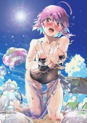 alternate_version artist_name artist_signature beach embarrassed eyebrows_visible_through_hair glasses hand_on_breast hand_out highres ichio large_breasts looking_at_viewer matching_hair/eyes melting_clothes mostly_nude on_knees one-piece_swimsuit open_mouth pink_eyes pink_hair sae_(vtuber) see-through see-through_clothing short_hair slime slime_clothing slime_girl slime_hair sun umbrella virtual_youtuber