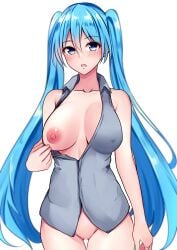 bangs baretto_(karasi07) blue_eyes blue_hair blurry blush bottomless breasts censored clothes_pull collarbone covered_nipples depth_of_field female hair_ornament hatsune_miku highres large_breasts long_hair looking_at_viewer mosaic_censoring nipples open_clothes open_mouth open_shirt pussy shirt_pull simple_background solo thigh_gap thighs vocaloid white_background