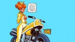 1girls biker biker_clothes blue_eyes blush bodysuit breasts cleavage gloves lips looking_at_viewer mario_(series) mario_kart montydraws motorcycle nintendo orange_hair ponytail princess_daisy skin_tight solo speech_bubble teasing text text_bubble tight_clothing unzipped unzipped_bodysuit zipper_pull_tab