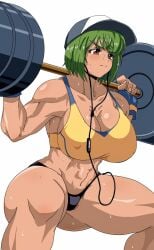 1girls abs ass bare_shoulders baseball_cap belly big_ass big_butt black_panties bra cap cleavage collarbone covered_breasts covered_nipples covered_pussy dark-skinned_female dark_skin dumbbell earphones female female_only fingerless_gloves gloves green_hair hat last_origin mighty_r muscle muscles muscular muscular_arms muscular_female muscular_thighs orange_eyes panties ryohei_29 short_hair simple_background solo solo_female solo_focus sports_bra squat squatting stomach sweat sweating sweaty toned toned_female weightlifting weights white_background workout