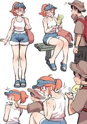 1boy 1girls 2021 bag bench bracelet bracelets closed_eyes colo duo full_body fully_clothed glasses hat helping kyler_(colo) nervous pleasured ponytail relaxing rita_(colo) sandals shorts sitting summer sunscreen sweat sweet_hex tank_top thighs visor_cap white_background wholesome