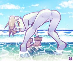 anus ass barefoot beach blue_skin breasts buckteeth crash_(series) forehead_mark freckles goth looking_at_viewer looking_back nina_cortex nude pussy short_hair small_ass small_breasts tophatmahoney water