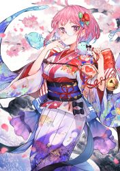 absurd_res bell cherry_blossoms cherry_tree eyebrows_visible_through_hair female_focus finger_to_mouth glasses hair_ornament hiiragi_mikoto kimono looking_at_viewer matching_hair/eyes pink_eyes pink_hair sae_(vtuber) short_hair slime_girl slime_hair solo_female virtual_youtuber