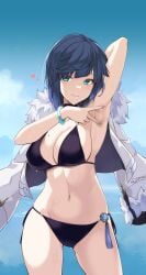 1girls armpits arms_up bikini blue_eyes blue_hair breasts busty choker cleavage curvy female genshin_impact heart human jacket mature_female milf mole mole_on_breast ohta_yuichi presenting_armpit short_hair sky swimwear voluptuous yelan_(genshin_impact)