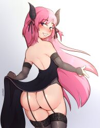 1girls ass big_ass blush blushing bubble_butt clothing dat_ass demon demon_girl dress dress_aside dress_lift fat_ass female female_only garter_straps hair_ribbon horns kyuotto lewdshock looking_at_viewer looking_back pink_hair presenting presenting_hindquarters purple_eyes showing_off smile solo succubus tail virtual_youtuber