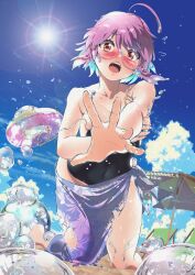 artist_name artist_signature beach embarrassed eyebrows_visible_through_hair glasses hand_on_breast hand_out highres ichio large_breasts looking_at_viewer matching_hair/eyes mostly_nude open_mouth pink_eyes pink_hair sae_(vtuber) short_hair slime slime_clothing slime_girl slime_hair sun umbrella virtual_youtuber