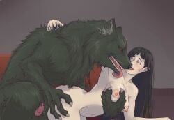 anthro_on_female anthro_on_human dark_hair dripping elf elf_ears female fur furry gnoll grabbing_from_behind grey-wolf grey_eyes hetero human_female licking licking_lips light_skin long_ears long_hair male male/female nonhuman_male_on_human_female pointy_ears tongue tongue_kiss tongue_out werewolf white_skin