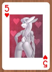 2021 anthro ass blue_eyes brian_mcpherson card cynthia_(brian_mcpherson) female genitals grey_body hair hand_on_butt heart_pattern lagomorph leporid long_hair looking_at_viewer looking_back mammal muscular muscular_female nipples playing_card presenting presenting_hindquarters pussy rabbit rear_view smile smiling_at_viewer solo white_hair