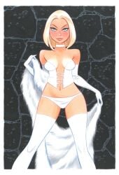 1girls blonde_hair blue_eyes bruce_timm clothed emma_frost female female_only looking_at_viewer marvel marvel_comics panties short_hair underwear white_clothing white_panties white_queen white_underwear x-men