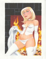 1girls blonde_hair blue_eyes bruce_timm clothed emma_frost fire fireplace marvel marvel_comics panties traditional_media_(artwork) underwear visible_nipples white_clothing white_panties white_queen white_underwear x-men