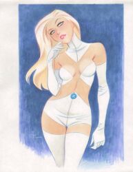 1girls blonde_hair blue_eyes bruce_timm clothed emma_frost female female_only lipstick marvel marvel_comics pink_lipstick simple_background traditional_media_(artwork) white_clothing white_queen x-men