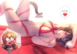 2girls bakki black_hair blonde_hair cat_ears cat_tail convenient_censorship imminent_sex kali_belladonna multiple_girls present ribbon_bondage rwby yang_xiao_long yuri