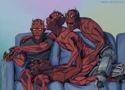 4boys anal_sex arm_tattoo background bald bottomless chest_tattoo clone_wars closed_eyes clothed completely_nude controller couch cybernetic_leg cybernetic_limb cybernetics darth_maul double_anal double_penetration eyes gaming group_sex head_on_lap holding_ass holding_object horn horns leg_tattoo lying male male/male/male male_only maravoev moaning moaning_in_pleasure nude nude_male on_back on_couch open_eyes open_mouth parted_lips partially_clothed playing_videogame red_skin robot_penis robotic_legs selfcest shirt shocked side_view sitting star_wars tattoo teeth yellow_eyes zabrak