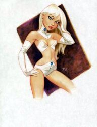 1girls blonde_hair blue_eyes bruce_timm clothed clothing emma_frost lipstick marvel marvel_comics red_lipstick simple_background traditional_media_(artwork) white_clothing white_queen x-men