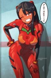 1girls arwald asuka_langley_sohryu_(cosplay) black_hair blush bodysuit breasts clothing crossover female female_only fully_clothed hand_on_hip hand_on_thigh hayase_nagatoro leaning_forward legs long_hair looking_at_viewer neon_genesis_evangelion one_eye_closed please_don't_bully_me,_nagatoro plugsuit skin_tight solo speech_bubble text thighs tight_clothing yellow_eyes