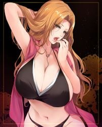 1girls adapted_costume arm_behind_head beauty_mark big_breasts black_background black_bra black_panties bleach blue_eyes border bra breasts breasts breasts bust busty cleavage female female female_only half-closed_eyes highres huge_breasts ichikawa_noa jewelry large_breasts lips long_hair looking_at_viewer matsumoto_rangiku midriff mole mole_under_mouth navel no_pants open_mouth oppai orange_hair panties ring scarf solo solo_female solo_focus underwear voluptuous