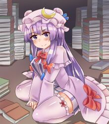 2019 blush bow bow_panties dress female hair_ribbon hat kneeling long_hair looking_at_viewer panties pantyshot patchouli_knowledge purple_eyes purple_hair ruri_hiaer short_dress skindentation tagme thighhighs thighs touhou upskirt white_panties