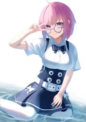 belt eyebrows_visible_through_hair female_focus glasses highres large_breasts looking_at_viewer matching_hair/eyes partially_submerged pink_eyes pink_hair sae_(vtuber) slime_girl slime_hair smile solo_female unknown_artist v virtual_youtuber water white_background