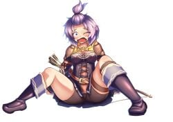 1girls aldent alternate_costume alternate_hairstyle bare_legs bernadetta_von_varley breasts clumsy female female_only fire_emblem fire_emblem:_three_houses fire_emblem_warriors:_three_hopes legs medium_breasts medium_hair ninja nintendo official_alternate_costume official_alternate_hairstyle one_eye_closed partially_visible_vulva ponytail shorts solo spread_legs tripping