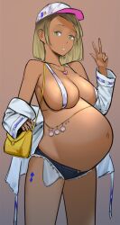 1girls belly big_belly big_breasts breasts dark-skinned_female dark_skin female ganguro gyaru inonice01 large_breasts onononon_one peace_sign pregnant sideboob solo_female string_bra