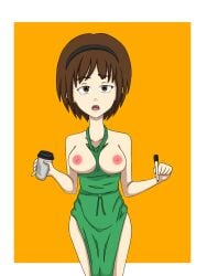 1girls apron apron_only apron_pull areola areolae bangs breasts breasts_out brown_eyes brown_hair cleavage clothed clothing confusion cup erect_nipples erection female female_focus female_only godzilla:_city_on_the_edge_of_battle godzilla:_monster_planet godzilla:_the_planet_eater godzilla_(series) green_apron hips human human_only iced_latte_with_breast_milk lactating lactation looking_at_viewer marker meme milk mostly_nude naked_apron nipples nude orange_background polygon_pictures revealing_clothes short_hair solo solo_female solo_focus stray_123 thick_thighs thighs toho toho_(film_company) wide_hips yuko_tani