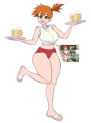 alcohol asymmetrical_hair beer bloomers blush buruma eyelashes female game_freak green_eyes hair_between_eyes hair_tie highres kasumi_(pokemon) legs navel nintendo open_mouth orange_hair pokemon pokemon_(anime) pokemon_(classic_anime) pokemon_(game) pokemon_rgby ponytail sandals shirt short_hair side_ponytail smile solo standing thighs tied_hair tomboy underwear white_shirt zigzagboy95
