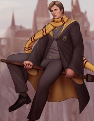 1boy actor big_bulge broom broom_riding caucasian caucasian_male cedric_diggory celebrity clothed drawnpr0n flying harry_potter hogwarts_robe hufflepuff hufflepuff_tie in_character looking_at_viewer male male_only robe robert_pattinson scarf