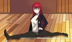 achmad_faisal atlus cameltoe glasses gymnastics kasumi_yoshizawa leggings long_hair looking_at_viewer persona persona_5 persona_5_royal red_hair splits sumire_yoshizawa